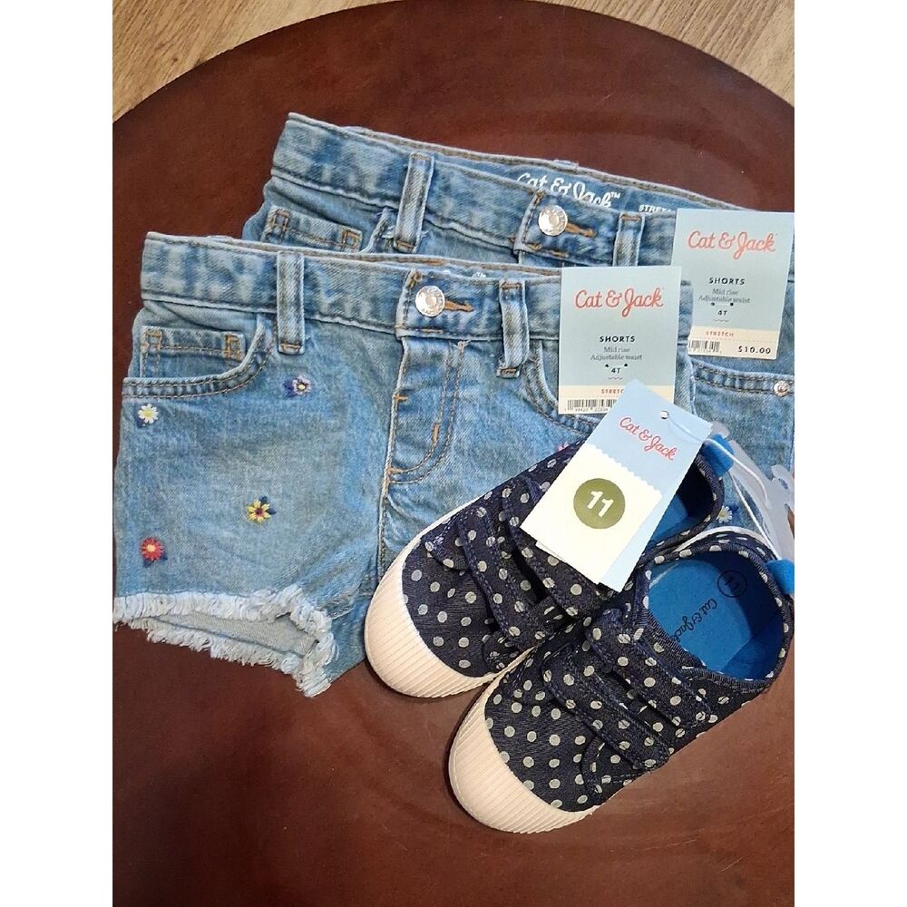BUNDLE Cat & Jack Girls 2 Jean Shorts 4T. Denim Polka Dot Sneakers Size 11 New